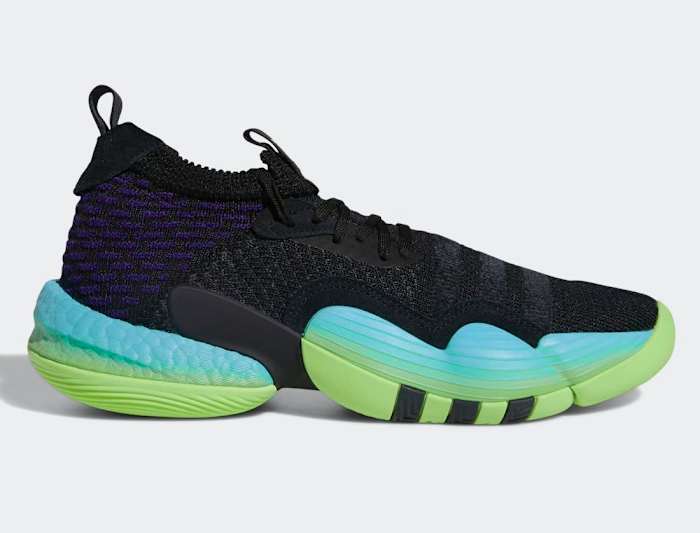 Multi-color Adidas Trae Young shoes.